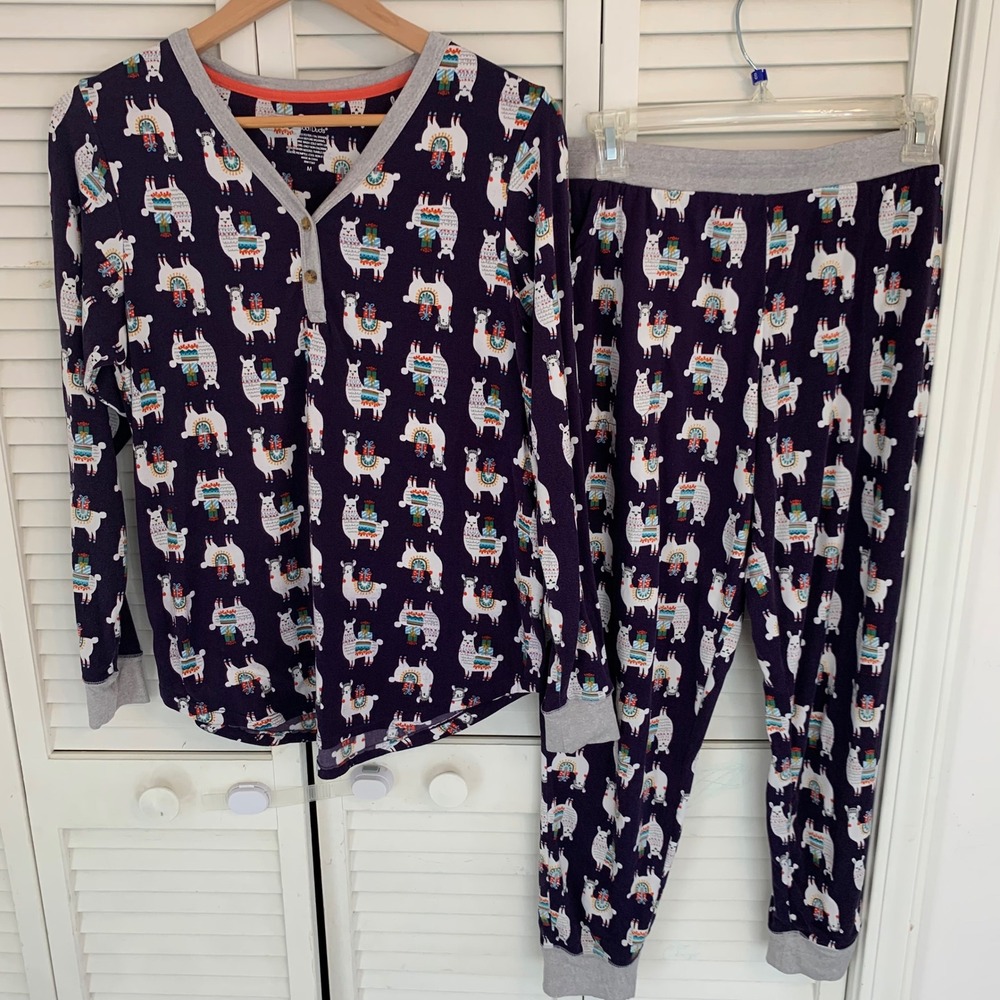 Cuddl Duds Henley Pajama 2 Piece Set Llama Gifts Womens M Joggers Pockets Purple